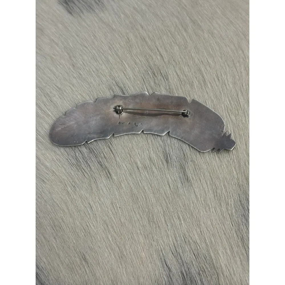 Vintage 3.5” Lorencita Garcia Santo Domingo Sterling Silver Feather Pin Brooch